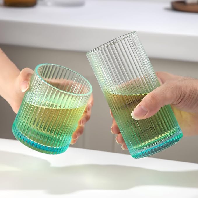 Ribbed Drinking Glasses 8pcs, 12oz and 10oz Glassware, Tumbler Glasses Cup Set for Wedding, Party, Christmas Gift, Blue - Image 4
