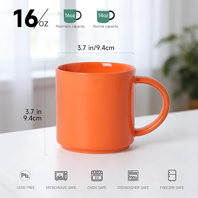 Coffee Mugs Set of 4, Stoneware Coffee Cups with Comfortable Handle, 16oz Ceramic Mugs for Kitchen & Office, Dishwasher & Microwave Safe - Orange - Image 2