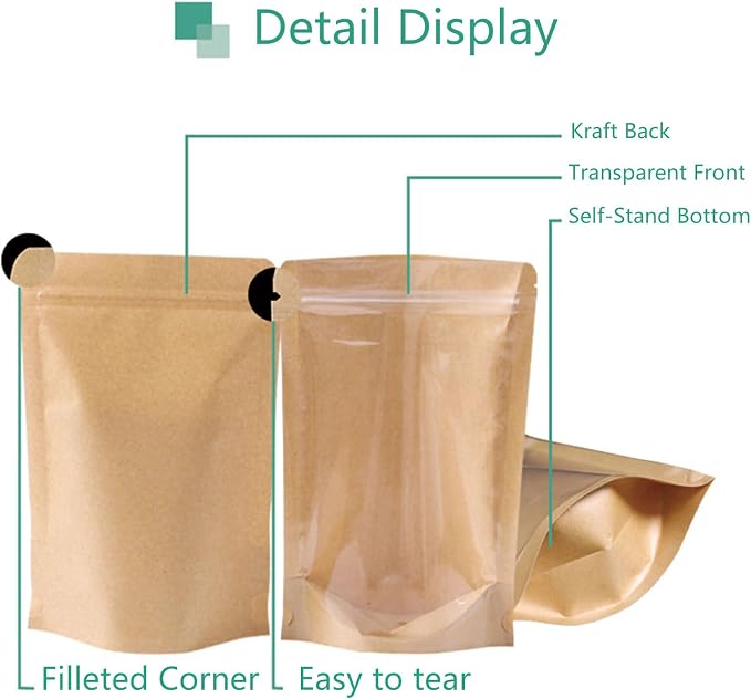 50pcs Kraft Bags With Window Clear Fornt Pouches Resealable Stand Up Zip Lock Food Storage Bags Brown 5.5"x7.8" - Image 3