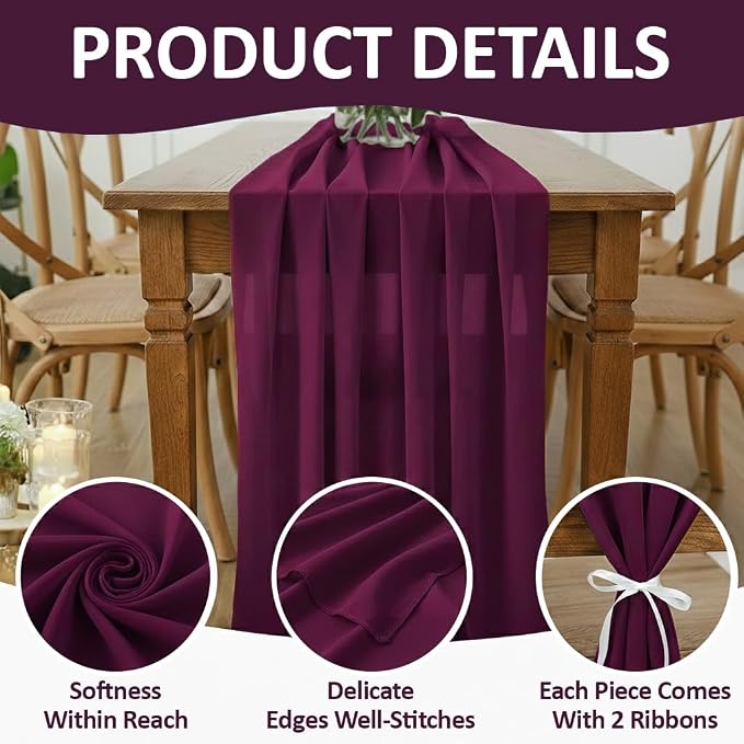 MDS Pack of 20 | Eggplant | 10ft Chiffon Table Runner 29x120 Inches Long Romantic Rustic Sheer Gauze Runner for Wedding Bridal Shower Birthday Banquets Engagement Spring Easter Boho Decorations - Image 5