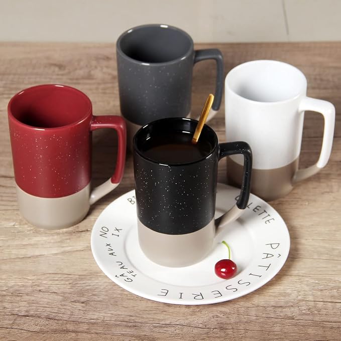 16 OZ Large Coffee Mug, Two Color Combination Big Ceramic Tea Cup with Square Handle with White Speckled for Men Women Restaurant Home Office Hot Drinks, Red - Image 6
