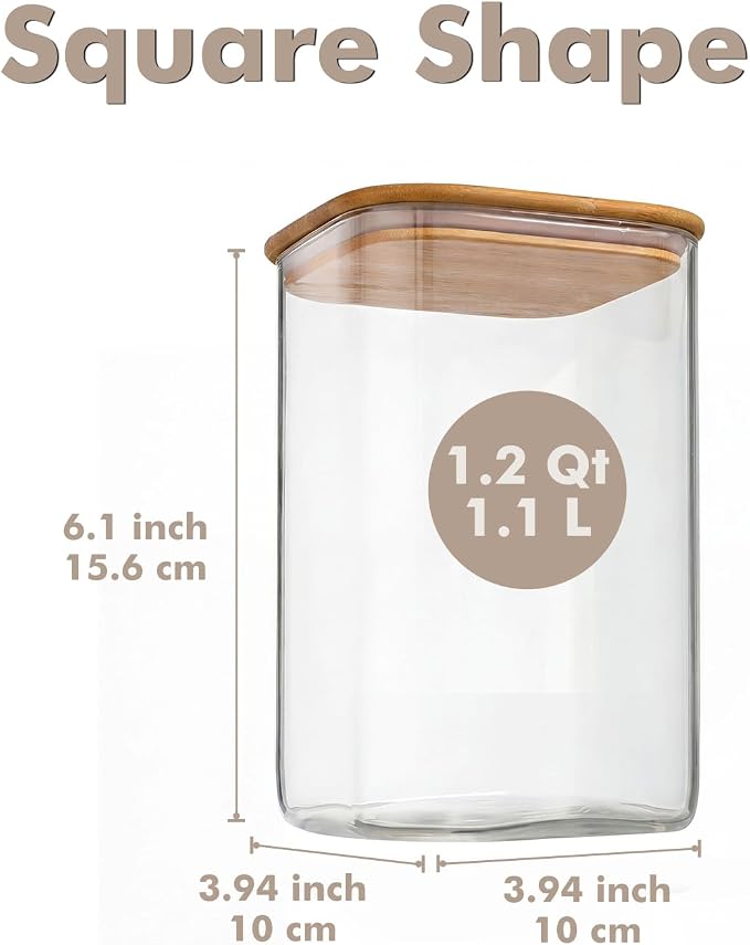 4-Pack 1.2Qt Square Glass Storage Jars with Bamboo Lids | Minimalist Kitchen Organizer,Pantry Storage Container,Food Storage Container,Scandinavian Style Storage,Nordic Style Storage - Image 2