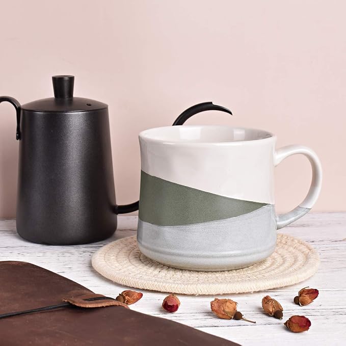 Bosmarlin Large Stoneware Coffee Mug, Big Tea Cup for Office and Home, 21 Oz, Dishwasher and Microwave Safe, 1 PCS (Geometry-Green) - Image 4