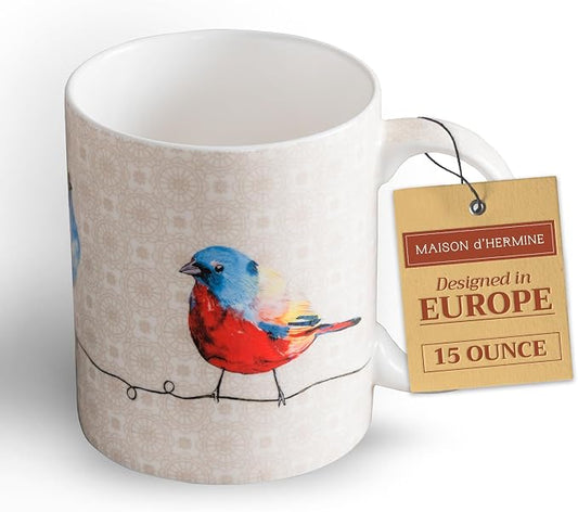 Maison d' Hermine Coffee Mug with Handles Tea Cups (15 Ounce, Pack of 1) | Fine Bone China Coffee Mugs for Hot Beverages Cappuccino Latte Home Restaurant Hotel Spring Summer -Birdies on Wire - Robin by MaisondHermine