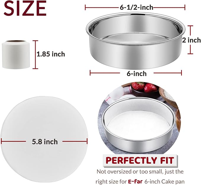 6 Inch Cake Pan Set of 2, E-Far Stainless Steel Round Layer Smash Cake Baking Pans with Parchment Rounds & Side Liner Roll, Non-Toxic & Healthy Metal Cakes Tin, Straight Side & Dishwasher Safe - Image 2