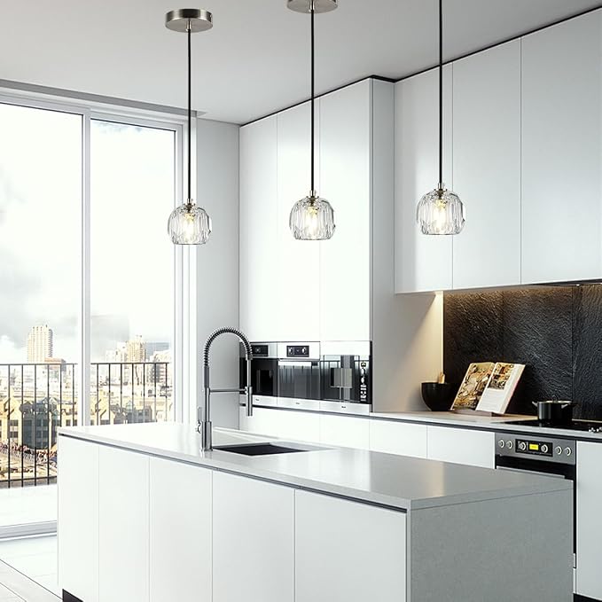 Brushed Nickel Pendant Light, Small Island Pendant Light Fixture for Kitchen, Modern Prism Crystal Single Pendant Hanging Light for Dining Room Bar - Image 3