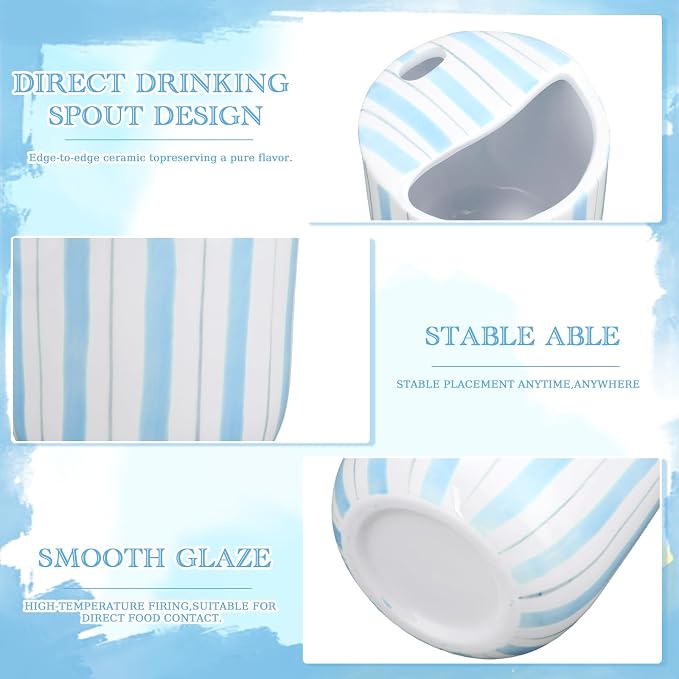 Ceramic Mug with Sip Hole 10 oz Light Blue Striped Ceramic Coffee Mug Hand Painted Travel Mugs Heat Resistant Non Slip Built in One Lid Handcraft Mugs for Coffee Lovers Appreciation Gift - Image 3