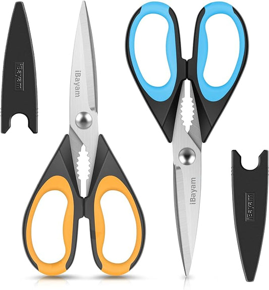 Kitchen Scissors, iBayam 2-Pack 8.7" Kitchen Shears Heavy Duty All Purpose | Stainless Steel, Comfort-Grip Handles, Dishwasher Safe Sharp Scissors Food Cooking Chicken, Poultry, Fish, Meat, Herbs by iBayamDirect