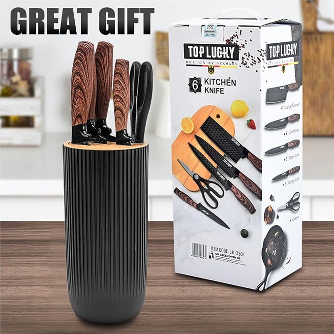 Knife Set, Wiztoynia 6-Piece Black Kitchen Knife Set for Home, Anti-Rust Non-stick Stainless Steel Sharp Chef Knife Set with Universal Knife Block for Kitchen, Ergonomical Design (Black) - Image 7