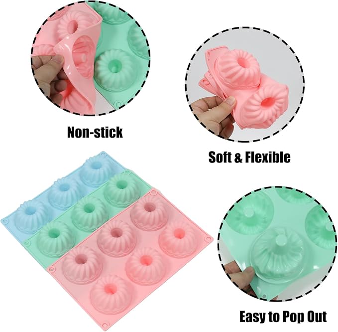 3 Pcs Mini Fluted Tube Cake Pan, 6-Cavity Silicone Non-Stick Small Cake Baking Mold for Cupcakes Cornbread Brownies Donuts Jello(Style4) - Image 3