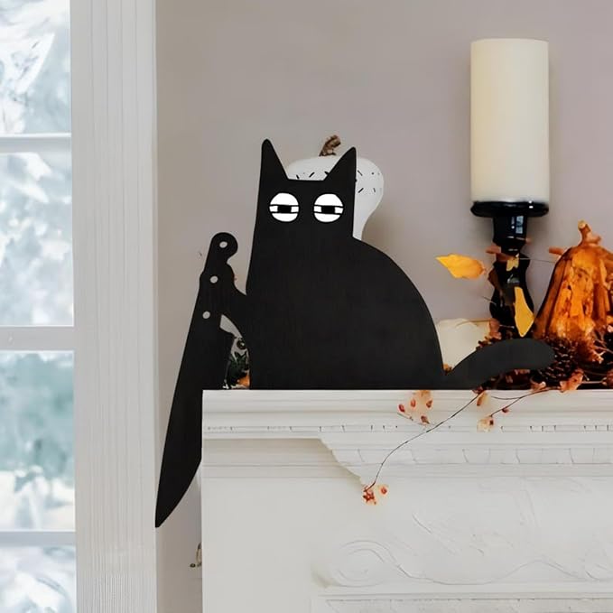 2025 New Year Gift - Cute Metal Cat Door Topper Love You Bye Over Door Frame Decor Corner Sign Black Ornaments Wood Decorations Funny Christmas Cat Silhouette Door Frame Topper (Sleepy Eyes Cat) - Image 2