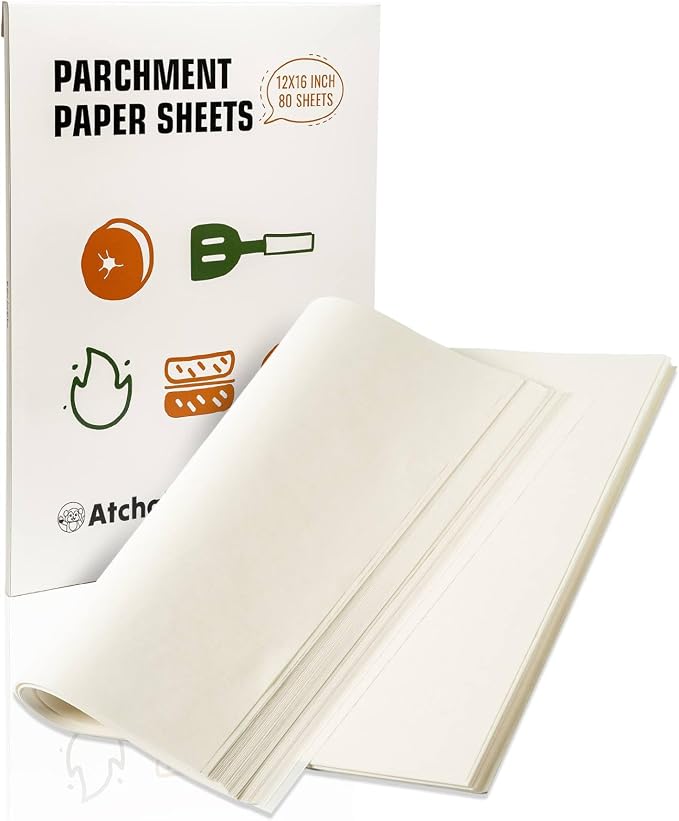 12x16 Parchment Paper Sheets – 80 Precut, Unbleached, Non-Stick Sheets for Half Baking Sheet, Flat-Packed (No Folds/Creases) & Oven Safe, Gift Box for Baking, Air Fryer & Microwave by Atchake