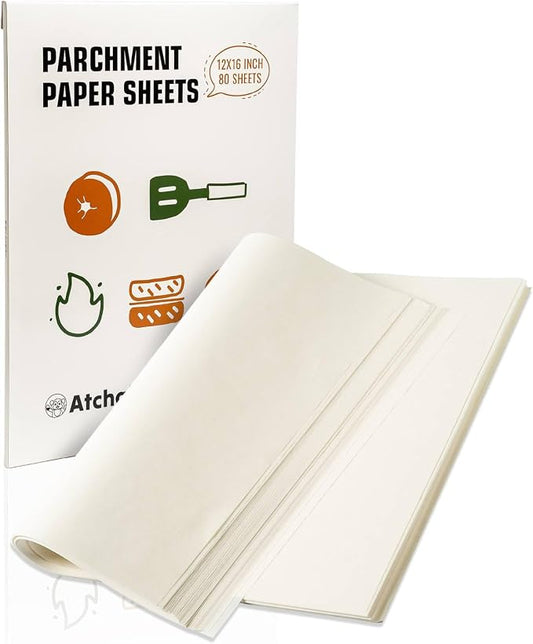 12x16 Parchment Paper Sheets – 80 Precut, Unbleached, Non-Stick Sheets for Half Baking Sheet, Flat-Packed (No Folds/Creases) & Oven Safe, Gift Box for Baking, Air Fryer & Microwave by Atchake