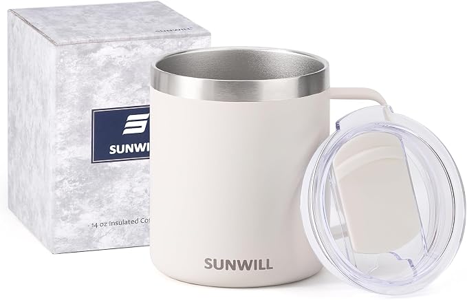 SUNWILL Travel Coffee Mug with Lid, Insulated Tumbler with Handle, 14 oz Stainless Steel Cup for Home, Office, Camping, Powder Coated Cream - Image 5