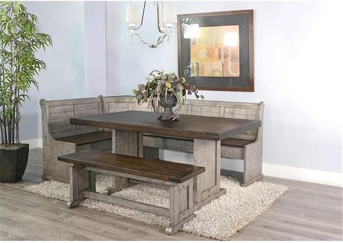 Pemberly Row 3-Piece Traditional Solid Wood Breakfast Nook Set with Table, Storage Space, Foldable Corner Shelf, Fit Any Space Blending Style and Function, in Gray & Brown Finish - Image 2