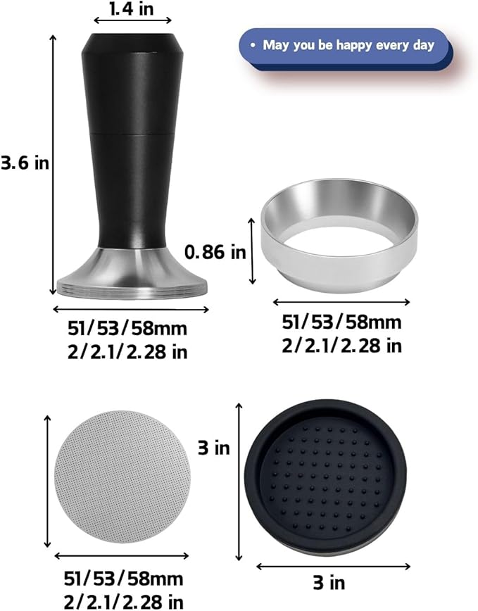 Espresso Tamper 51/53/58mm Magnetic WDT Tool 2 in 1 Accessories, Barista Coffee Tamper Kit with Distribution Tool Dosing Funnel Puck Screen, Stainless Steel Flat Base (53mm)