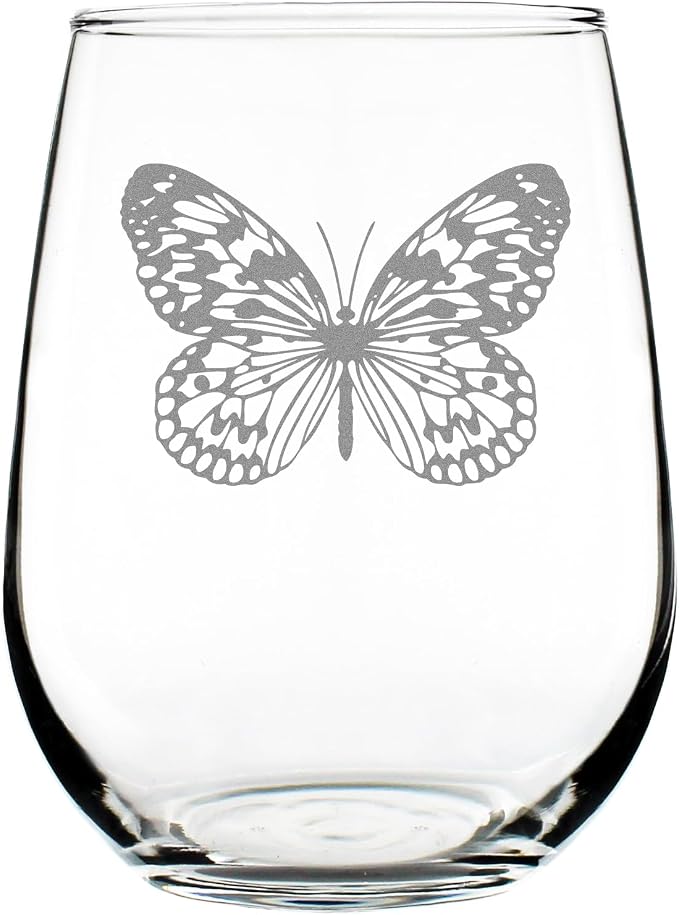 Butterfly Engraved Stemless Wine Glass, Etched Nature Lover, Elegant Insect Art, 17oz Glassware by Make+Your+Mark+Design
