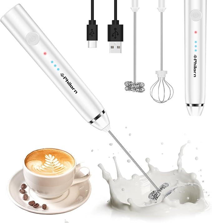 Philorn Milk Frother Wand Handheld Rechargeable Electric Whisk Coffee Drink Mixer, Mini Foamer for Lattes, Cappuccino, Frappe, Matcha, Hot Chocolate, Protein Powder, Keto Diet (White)