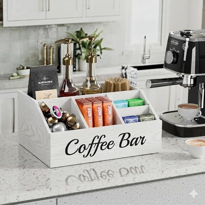 Coffee Station Organizer for Countertop – Wooden Coffee Bar Organizer with Adjustable Dividers,Holds K Cup Pod & syrup bottles, for Kitchen, Office, or Bar and Tea Station, White - Image 3