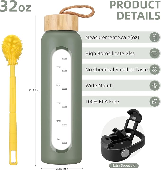 32 oz Glass Water Bottle with 2 Lids-Handle Straw Lid & Bamboo Lid,1 Liter Motivataional Tumbler Water Bottle Time Marker, Borosilicate Glass Water Bottles With Silicone Sleeve, Leakproof