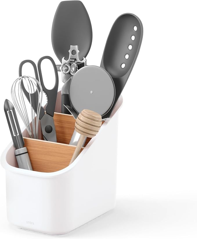 Umbra Bellwood Utensil Holder, Kitchen Storage Organizer, White/Natural | Three tier compartments, removable dividers, compact countertop fit, recycled plastic by Umbra