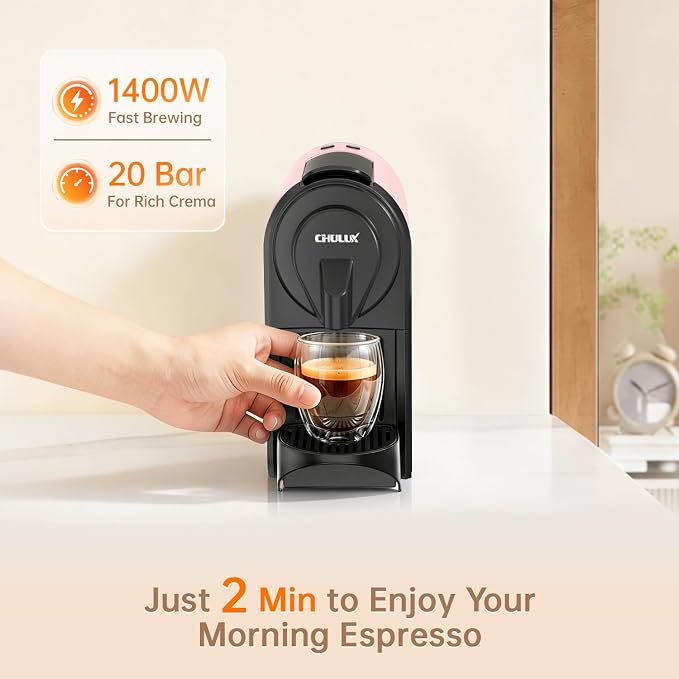 CHULUX Bafè-Pro Compact Espresso Machine 20 Bar for Nes Original Pods, Pink | 1400W Rapid Heating, Espresso Lungo Buttons, Used Capsule Drawer, Auto-Eject System, 24oz Removable Reservoir, Mini Footprint - Image 2