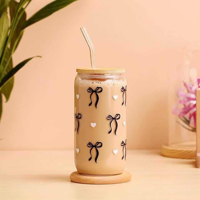 Coquette Black Bow Aesthetic Cup With Gift Box 16oz Glass Cup with Lids Straws and Black Bow Iced Coffee Smoothie Cute Tumbler with Cleaning Brush for Girls Bestfriend Sister Girlfriend