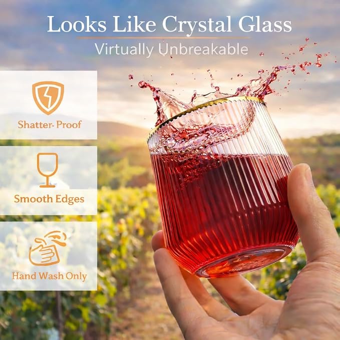 40 Pack 12oz Ribbed Gold Rim Disposable Wine Glasses, Plastic Cocktail Cup | Oojami Stemless Champagne Whiskey Cups, Shatterproof BPA-Free Reusable Recyclable, for Wedding Birthday Party Bar Events - Image 2
