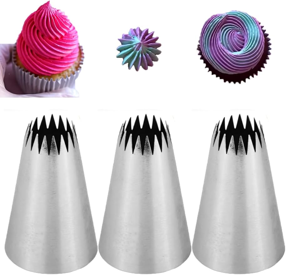 Extra Large Open Star Piping Tip for Swirls, Rosettes, Stars, Cake, Cupcake, and Pastry Decorating, 3 Pcs