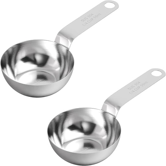 2PCS 1/4Cup (59ml, 2oz) Single Measuring Cup with Black Silicone Grip, 18/8 Stainless Steel Individual Measure Scoop Only