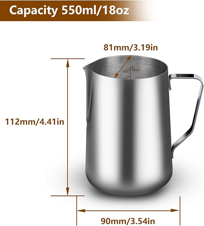 18oz Milk Frothing Pitcher with Latte Art Pen-Stainless Steel Steaming Jug for Espresso, Cappuccino & Coffee-Heat-Resistant, Dripless Spout, Measurement Scale, Dishwasher Safe (550ml/18oz)