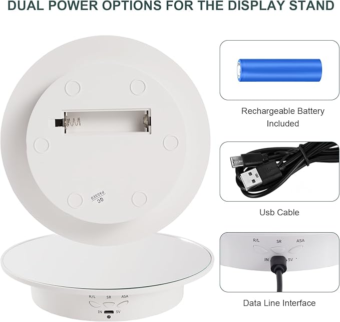 7.87'' Rotating Display Stand Motorized Rotating Display Stand, 22 lbs Load Electric Platform with Remote, Electronic Turntable with USB for Jewelry Photography 3D Model Cake, White