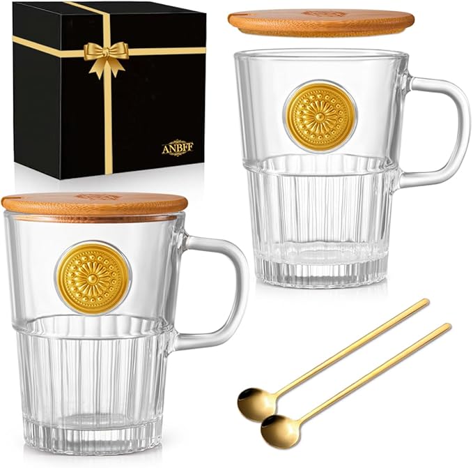 Vintage Glass Coffee Mugs Set of 2, 15oz Embossed Glass Coffee Cups with Bamboo Lids and Spoons, Handmade Clear Tea Cups with Handle and Gift Box - for Cappuccino, Latte, Milk