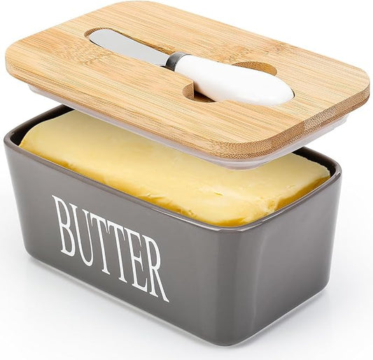 Ceramic Butter Dish with Lid and Knife & Silicone Seal for Countertop Grey | Suitable Capacity, Great Sealing, Home Decor Kitchen Gift Housewarming Gift by AISBUGUR