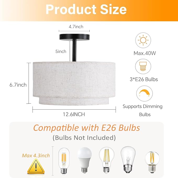 Vexagyle 12.6inch Flush Mount Ceiling Light Fixture,3-Light Modern Close to Ceiling Light with 2-Layer Linen Fabric Shade,Farmhouse Drum Ceiling Mount Lamp for Bedroom Hallway Living Room - Image 2