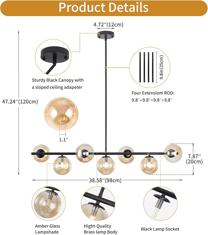 Mid Century Modern Linear Chandelier, 7-Light Black Pendant Light with Amber Glass Globes, Dimmable Kitchen Island Lighting Dining Room Light Fixtures Over Table for Living Room, Entryway & Bedroom - Image 7
