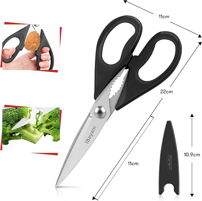 iBayam 8.7" All Purpose Kitchen Shears Heavy Duty with Protective Sheath | Built-In Bottle Opener, Durable Stainless Steel Scissors, Dishwasher Safe, Soft Grip Comfort Handle, Cooking, Food, Packaging - Image 3