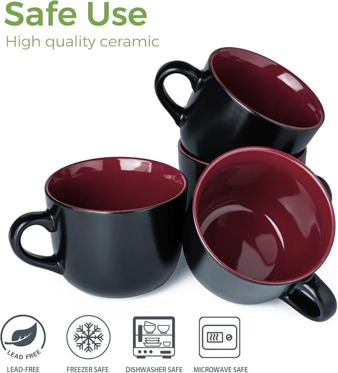 AmorArc 24 oz Soup Mugs with Handles, Jumbo Ceramic Bowls Mugs Set with handles for Coffee Cereal Cappuccino Snacks, Microwave&Dishwasher safe Soup Cups for Meal-Burgundy - Image 8
