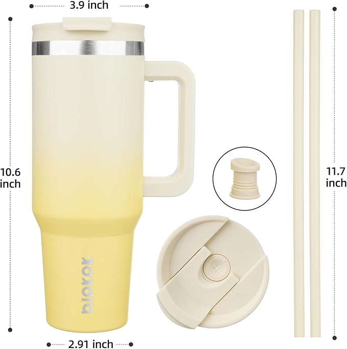 BJPKPK 40 oz Insulated Tumbler with Handle & Straw, Stainless Steel | Double Wall Vacuum Insulation, Leak Proof, BPA Free, Dishwasher Safe, Cupholder Friendly, Travel & Outdoor, Lemon - Image 3