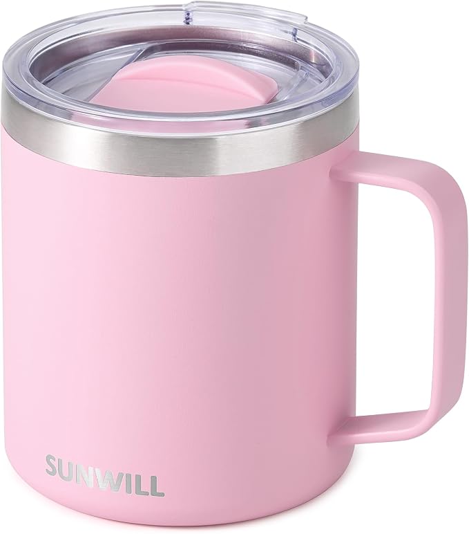 SUNWILL Insulated Coffee Mug with Lid, Travel Tumbler Reusable, 14 oz Stainless Steel Cup for Camping, Office, Home, Powder Coated Sakura by SUNWILL