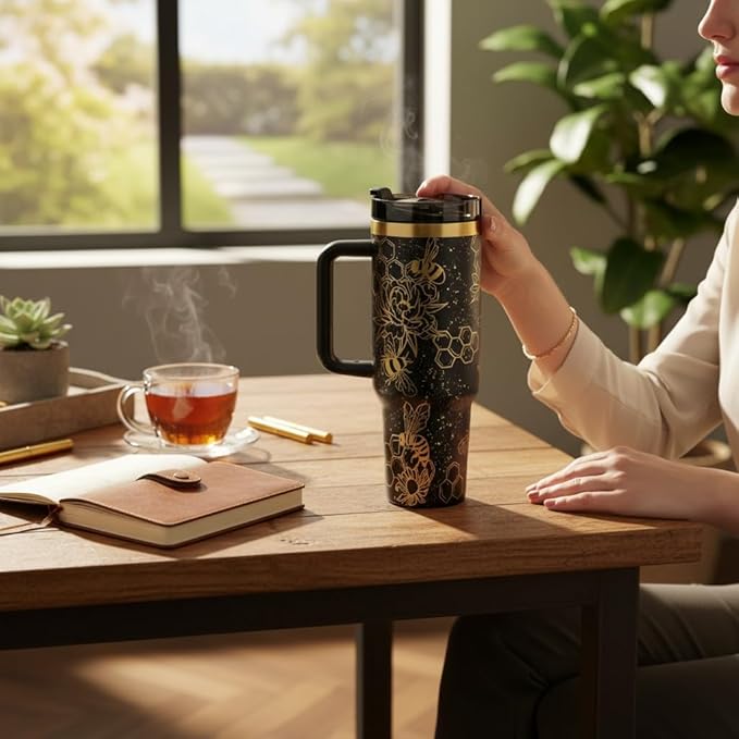 Tumbler, 40oz Tumbler, Western Tumbler, Engraved Cup with Handle, Cute Coffee Mug, 40oz Coffee Mug (Black Gold(21)-Bee(B31))