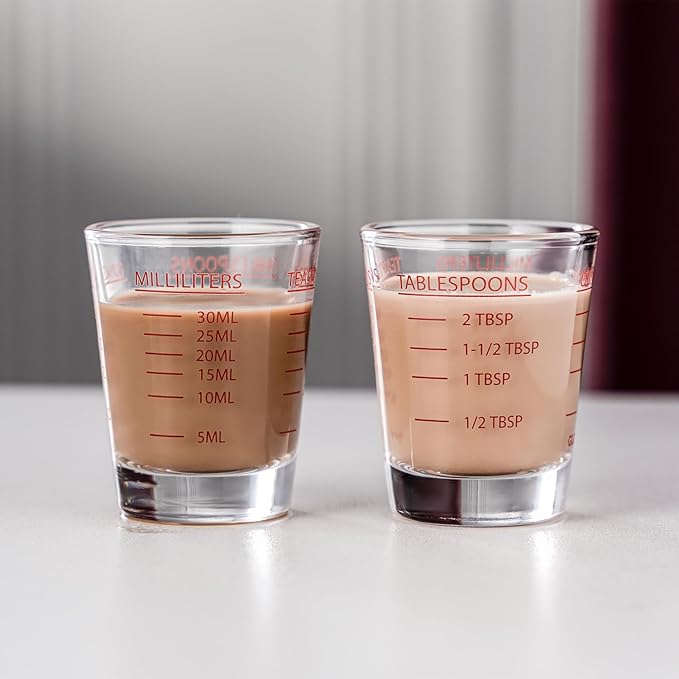 GLASKEY 2 Pack Shot Glasses Measuring Cup,Espresso Shot Glass with 4 Kind of Scale (OZ/ML/TSP/TBSP),Dishwasher Safe,Perfect for Coffee,Cocktails and Kitchen Use (Red)