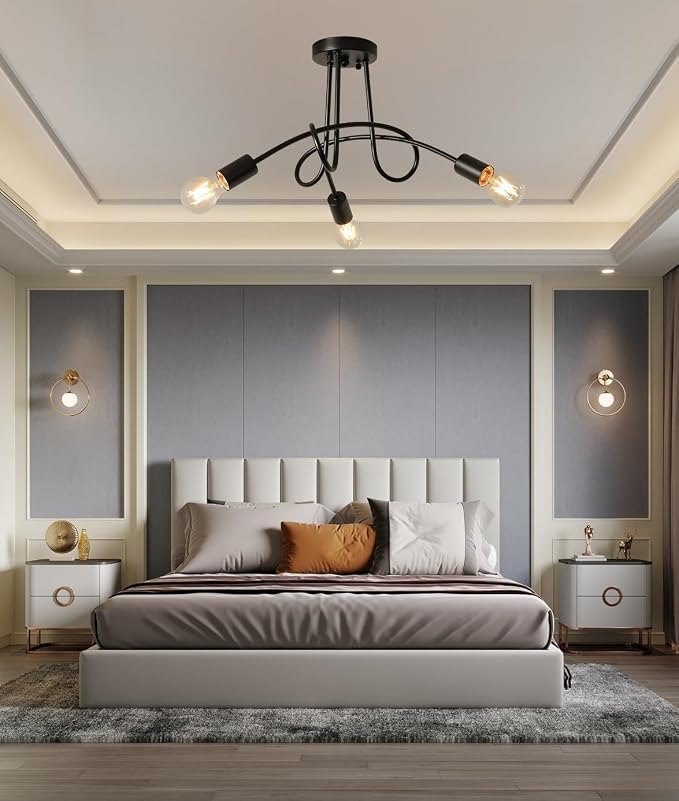 Modern Farmhouse Chandelier,22 Inch 3 Light Sputnik Semi Flush Mount Ceiling Light, Metal Black Rustic Light Fixture for Dining Room Bedroom Kitchen Hallway Entryway - Image 3