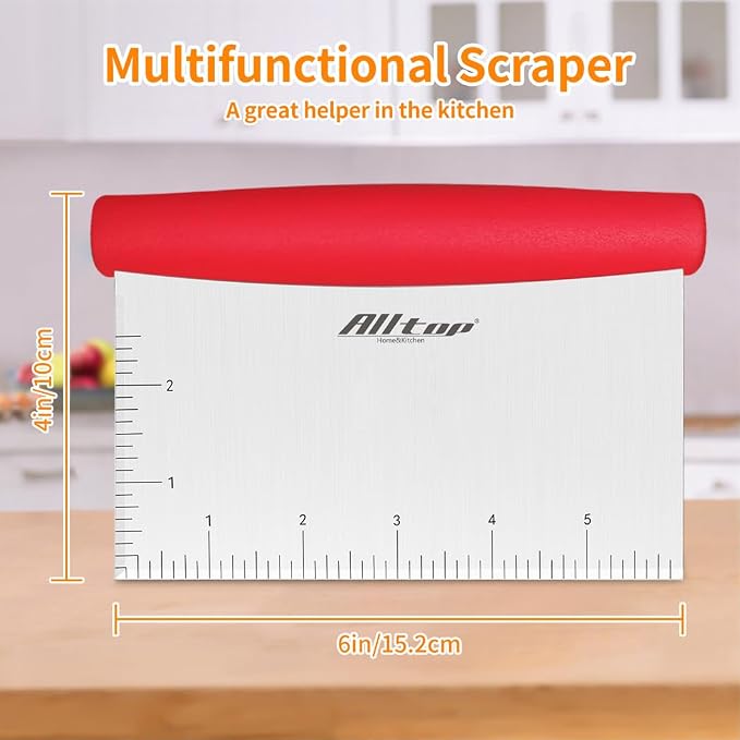 ALLTOP Bench Scraper & Chopper for Kitchen - Ideal Baking Essential Utensil,Stainless Steel Pastry/Dough/Food Cutter Tool for Cake Pizza Bread,Cooking - 1 Pack,Red - Image 2