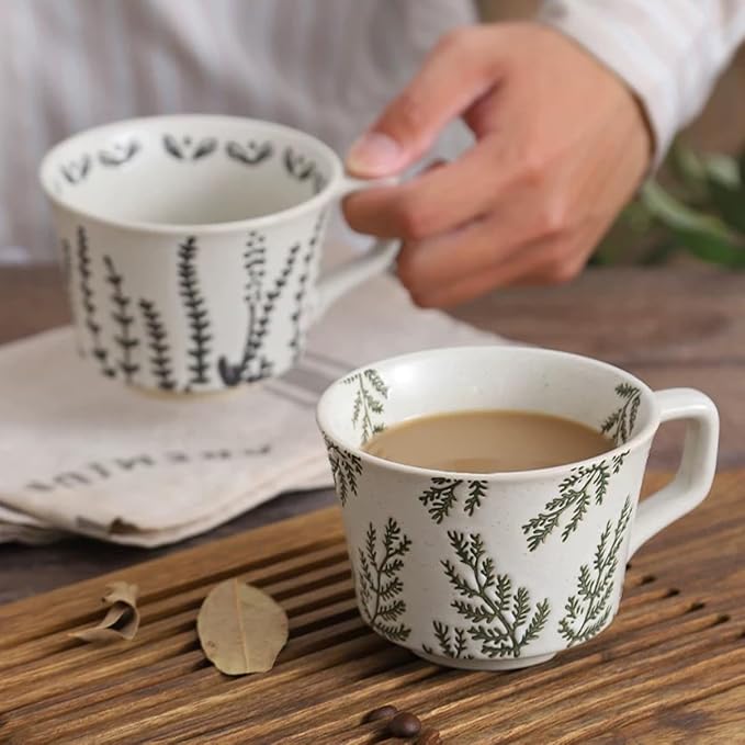 Small Ceramic Mug, 11oz - Vintage Cup Mug for Coffee Milk Latte Cappuccino Tea, Plant Porcelain Cup Dishwasher Microwave Freezer Safe Stoneware 1 PC Black Leaf Cup - Image 4