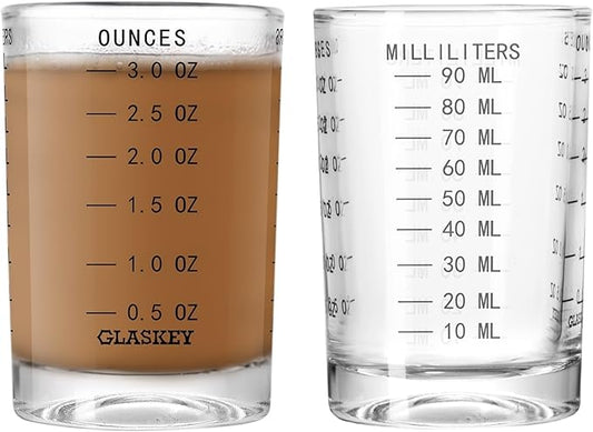 GLASKEY 2 Pack Shot Glass Measuring Cup Set,3 oz/90ML Liquid Heavy High Espresso Glass Cup,Dishwasher Safe,Measurement of Dry and Liquid Ingredients(Black)