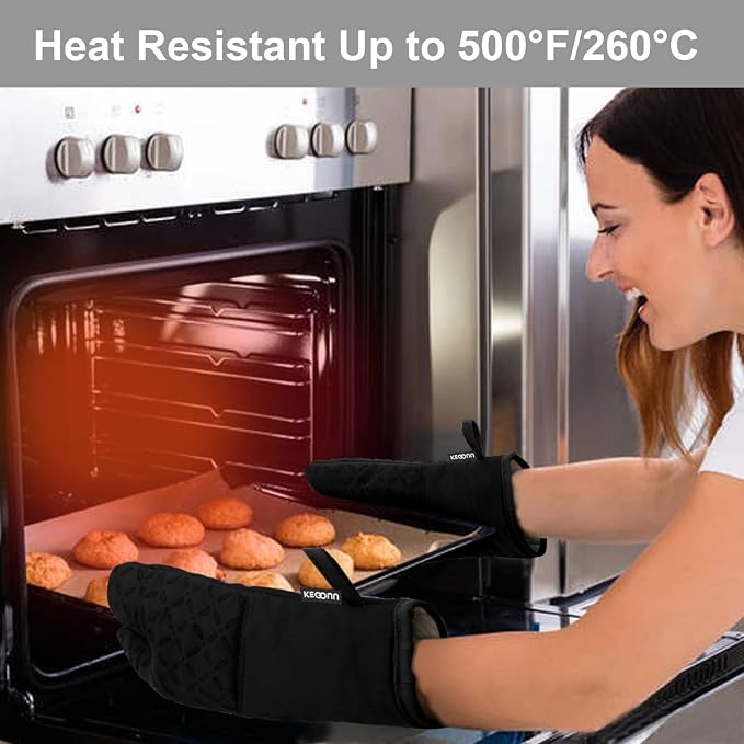 KEGOUU Oven Mitts and Pot Holders 6pcs Set, Kitchen Oven Glove High Heat Resistant 500 Degree Extra Long Oven Mitts and Potholder with Non-Slip Silicone Surface for Cooking (Black) - Image 6