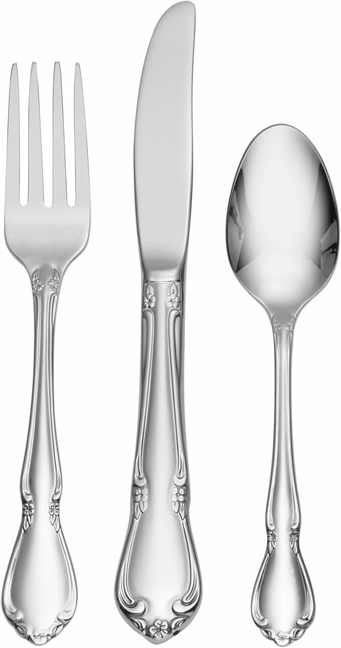 Oneida Silverware Set, Chateau 3-Piece Child Flatware Set, Service For 1, 18/10 Stainless Steel, Dishwasher Safe, Child Fork Spoon and Knife, Length: 5.2 to 6.8-Inch, Kids Silverware (Silver, 3 Piece) by Oneida