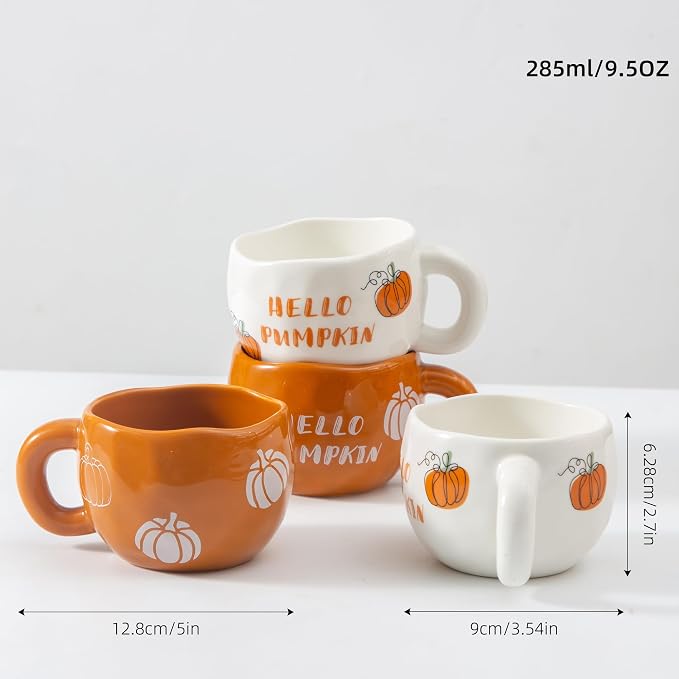 4pcs Ceramic Mugs Set, 9.4OZ Cute Coffee Cup Set, Hello Pumpkin Design, Dishwasher Safe, Gift for Fall/Halloween/Thanksgiving (Pumpkin) - Image 2