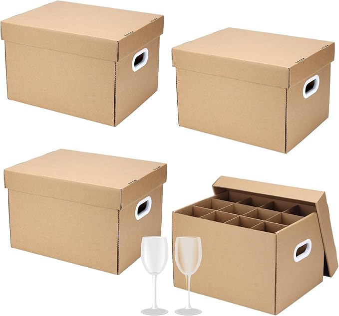 4 Pack Wine Glass Dish Moving Boxes with Handles and Lids | 15 x 12 x 10 Inches Moving Boxes with Lid Glassware Dish Packing Box Corrugated Dividers for Kitchen Dish Glassware, Brown by Unknown